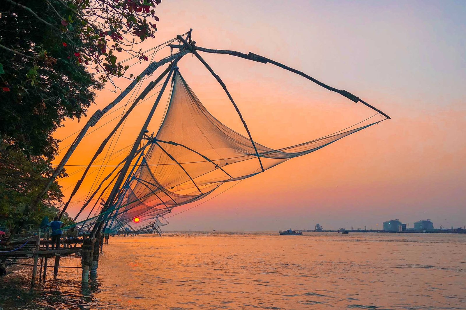 Chinese fishing nets at sunset on the Kochi waterfront