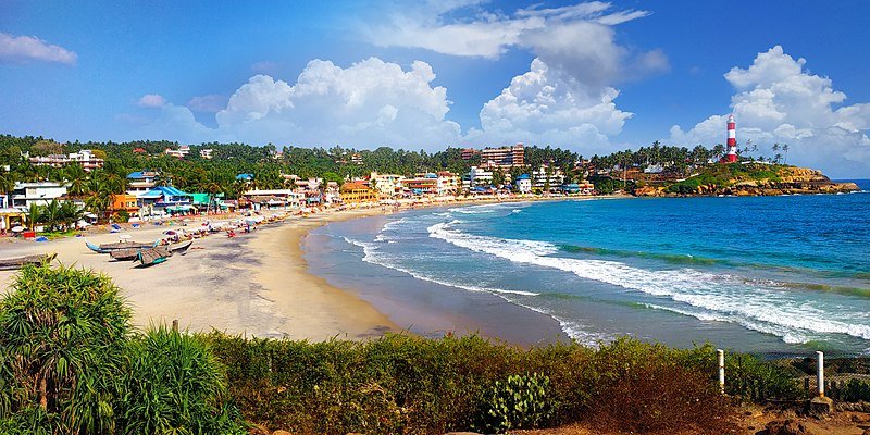 A sweeping view of the beach and palm-lined Kovalam shore