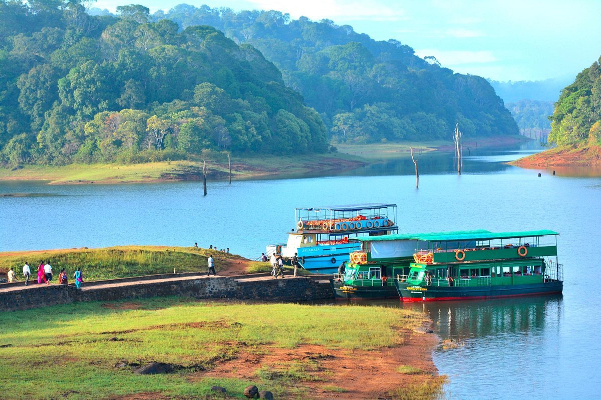 Visitor boats along the wooded lake shore