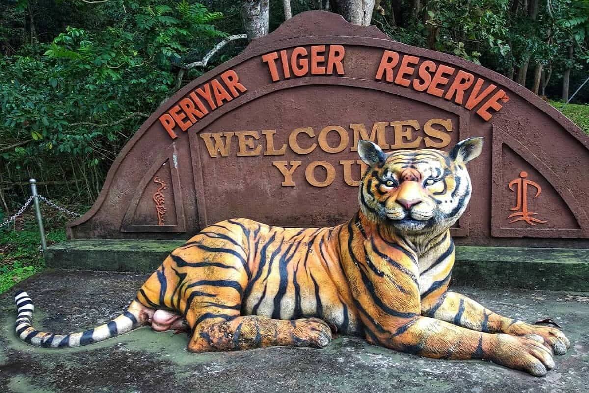 Entrance sign welcoming visitors to Periyar Tiger Reserve